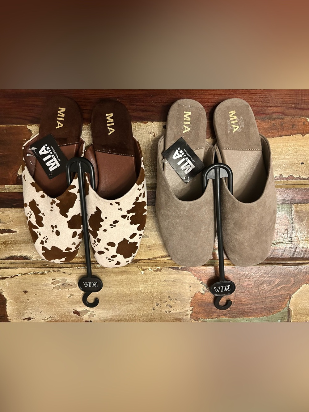 MIA Women's Suede Slip-On Flat Mule Cow Print & Taupe Round Toe Size 7.5